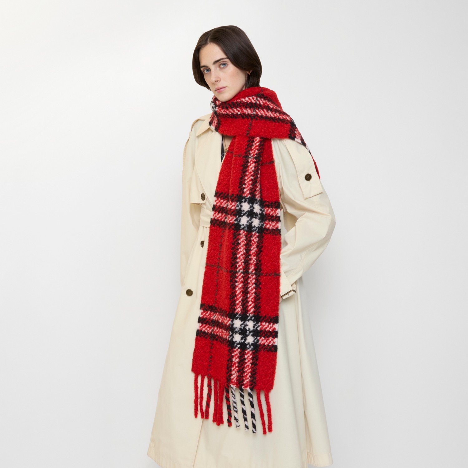 Check Alpaca Wool Blend Bouclé Scarf in Post red | Burberry® Official