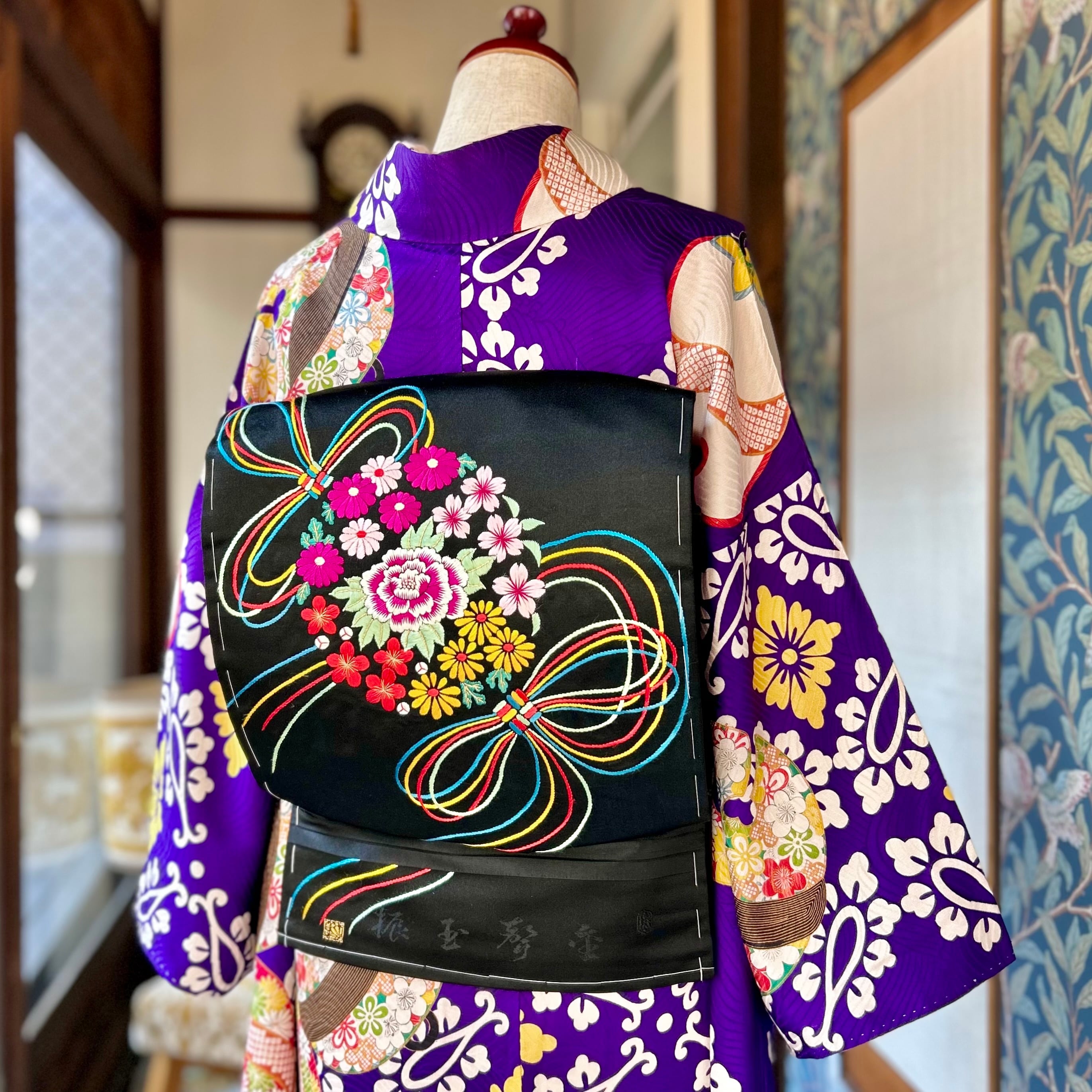 ◇限定出品◇牡丹と菊のアンティーク名古屋帯 蘇州刺繍 牡丹に菊文様